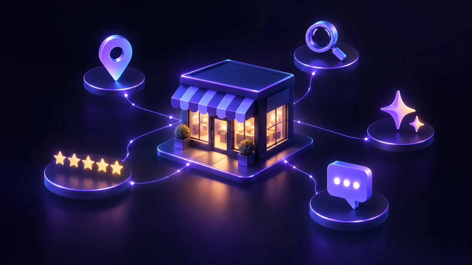 A business storefront connected to a map pin, search, five stars, chat and an AI sparkle