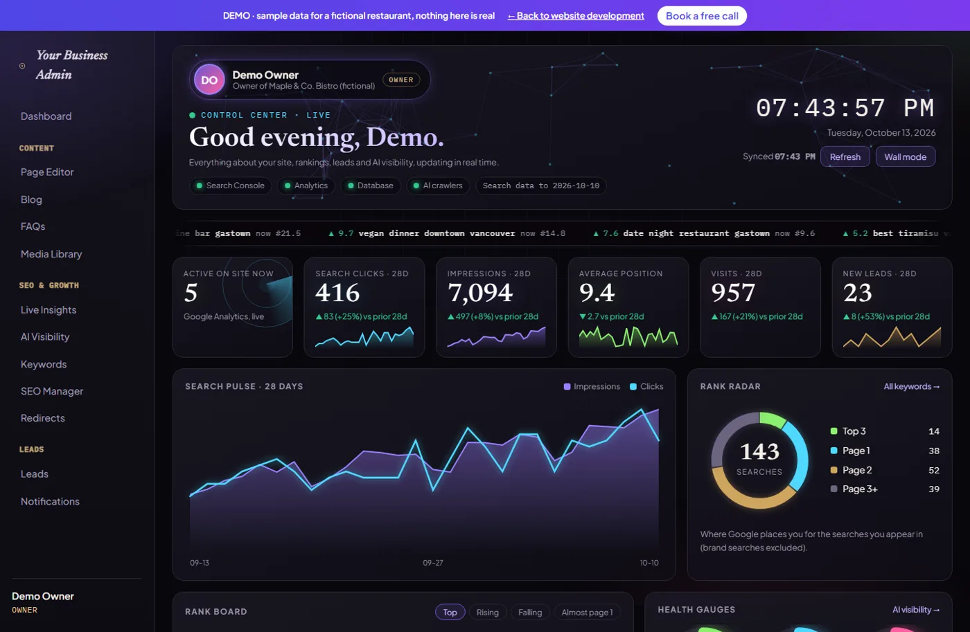Preview of the Third Eye control center dashboard with search clicks, rank radar and live feed (demo data)